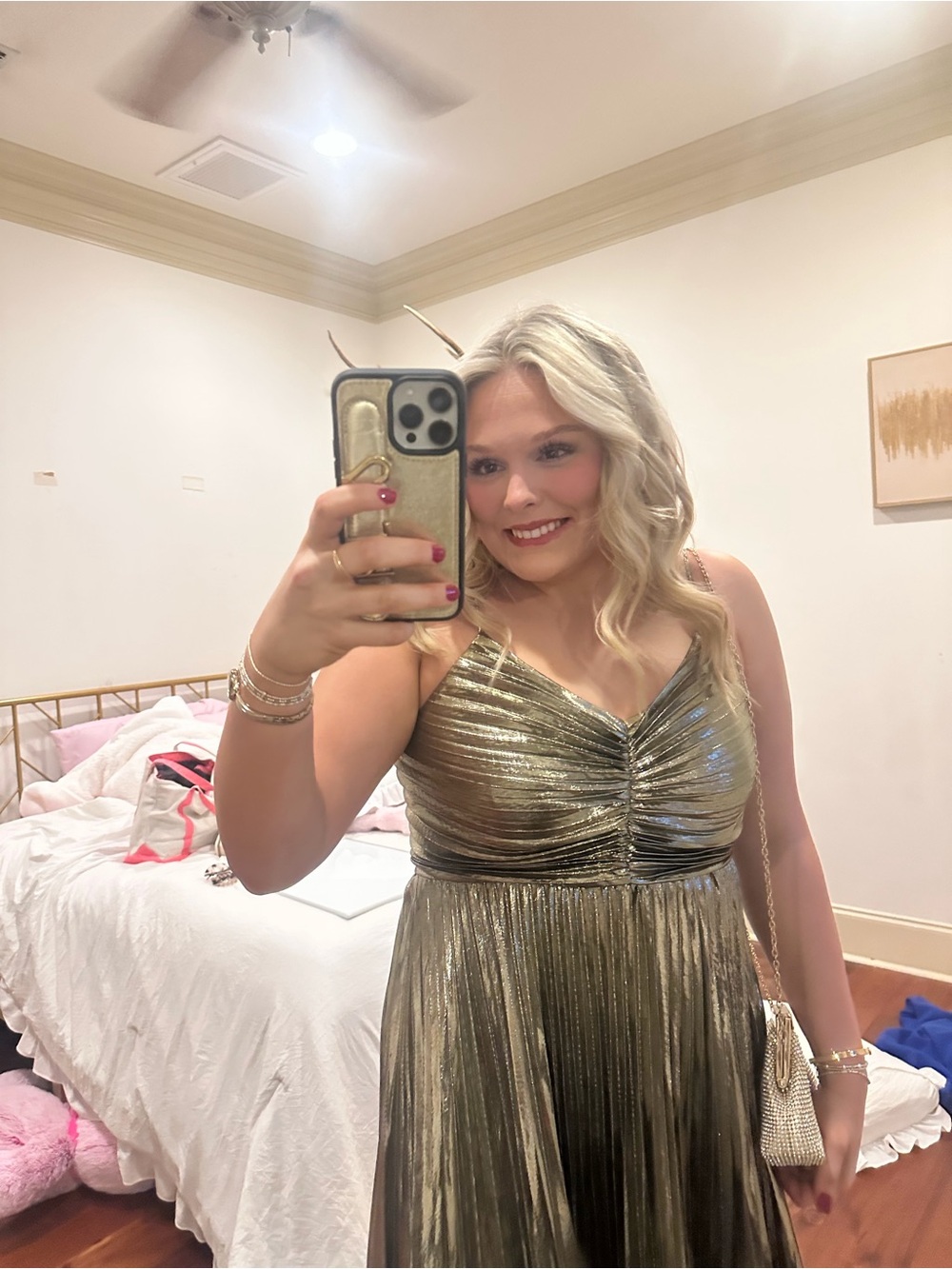 Metallic Gold Pleated Prom Dress - Sleeveless V-Neck
